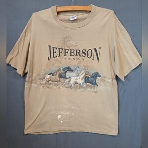 Vintage Anvil Jefferson Texas Horse Graphic T-Shirt Mens XL Tan Made In USA